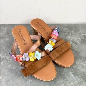 Mariella Made in Italy Floral Wedge Women's Sandals Leather Tan size 7